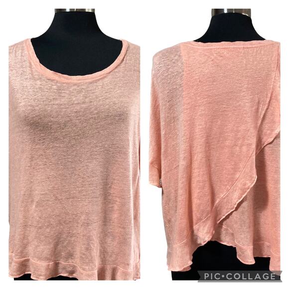 Eri + Ali Peach 100% Linen Top Crossover Back Ruffled Hem & Sleeves LARGE - Picture 1 of 8